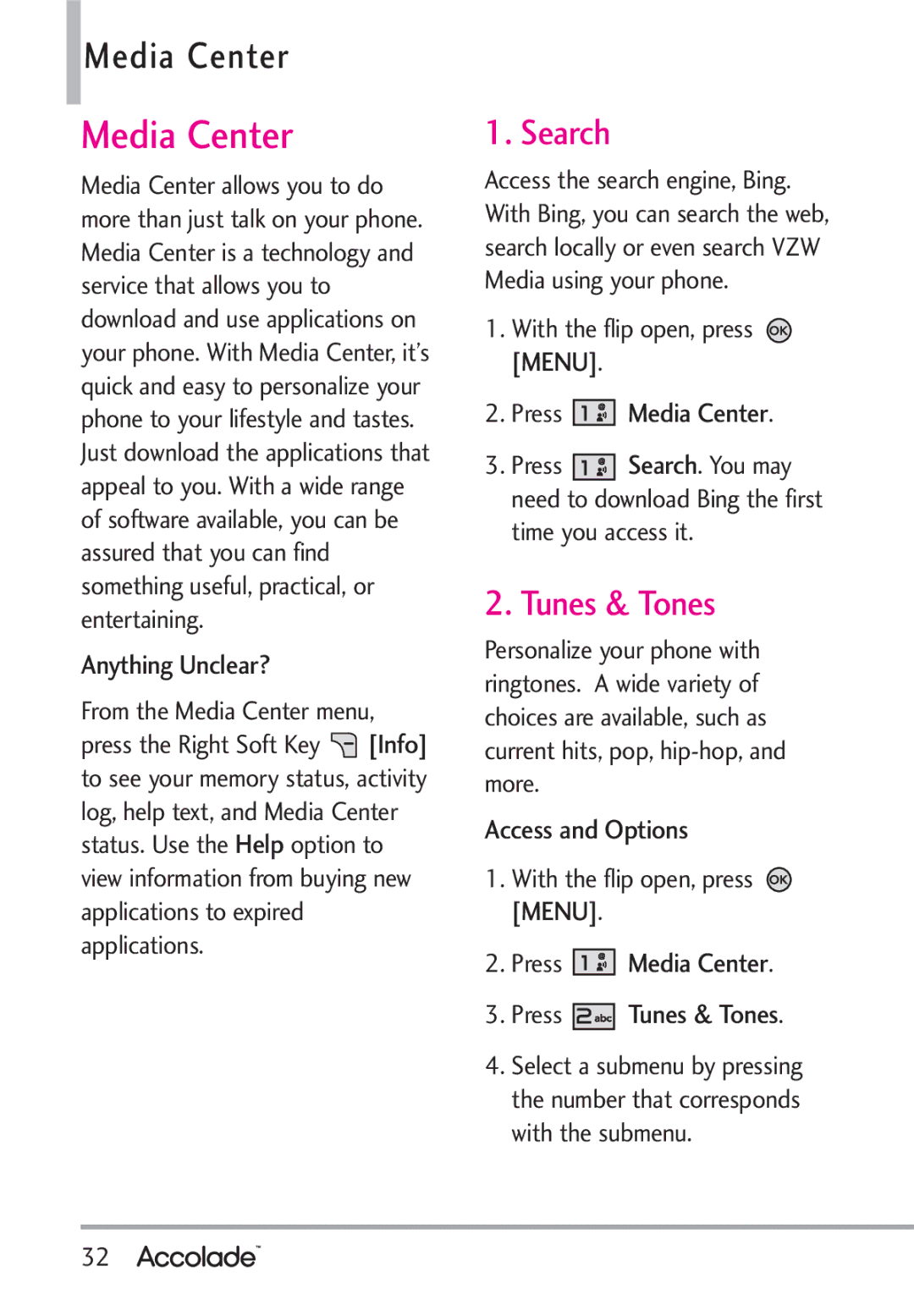 LG Electronics Accolade manual Media Center, Search, Tunes & Tones 