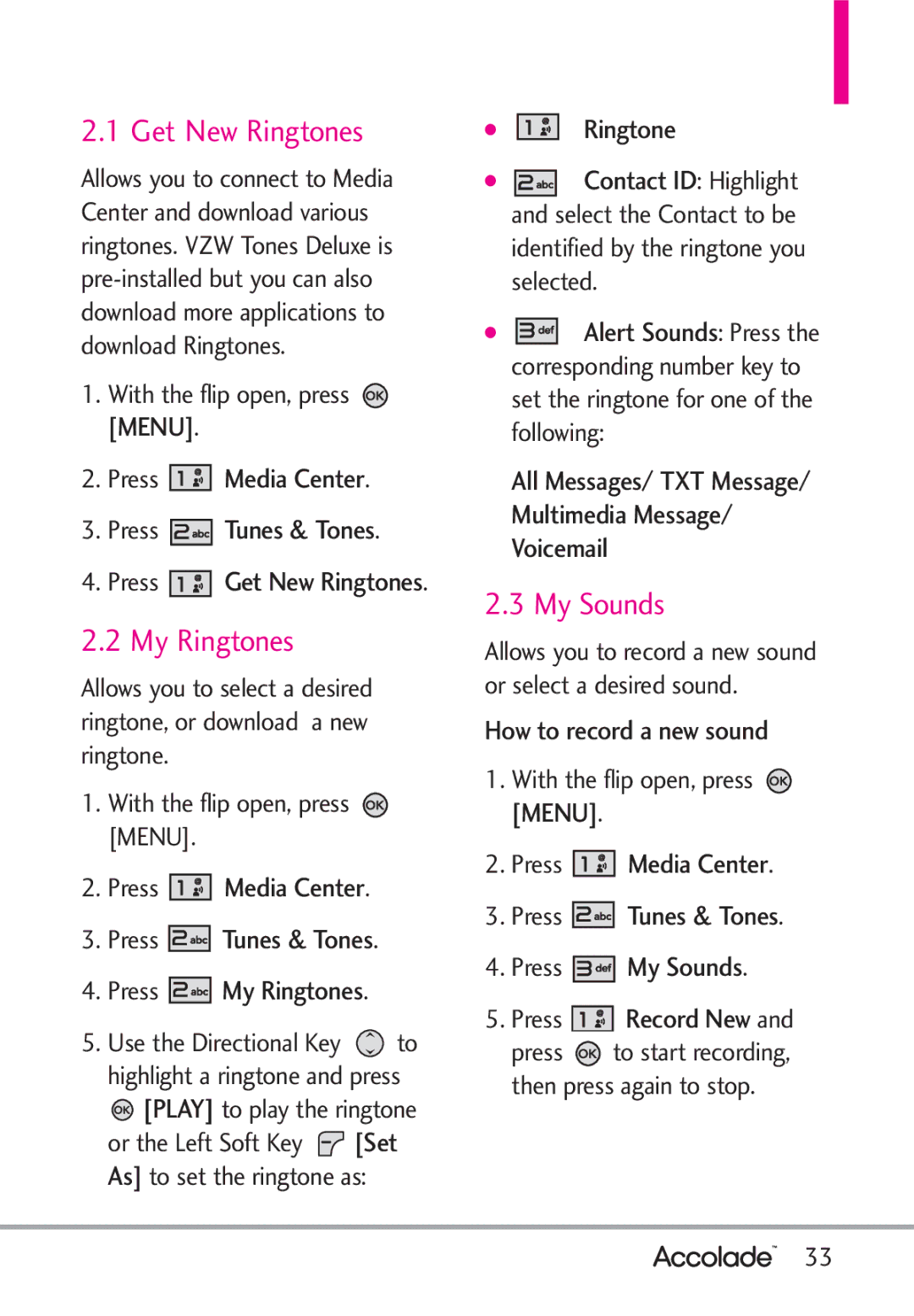LG Electronics Accolade manual Get New Ringtones, My Ringtones, My Sounds 