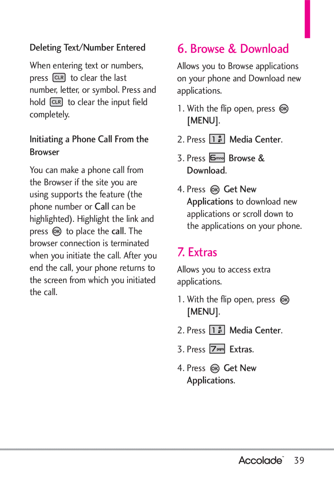LG Electronics Accolade Browse & Download, Extras, Deleting Text/Number Entered, Initiating a Phone Call From the Browser 