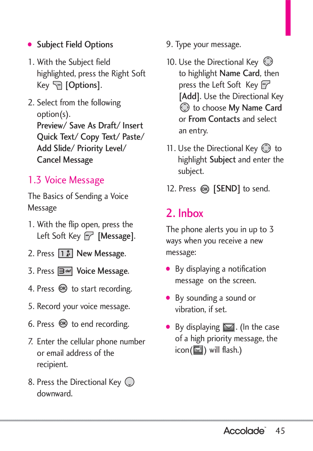 LG Electronics Accolade manual Inbox, Subject Field Options, Press New Message Press Voice Message 