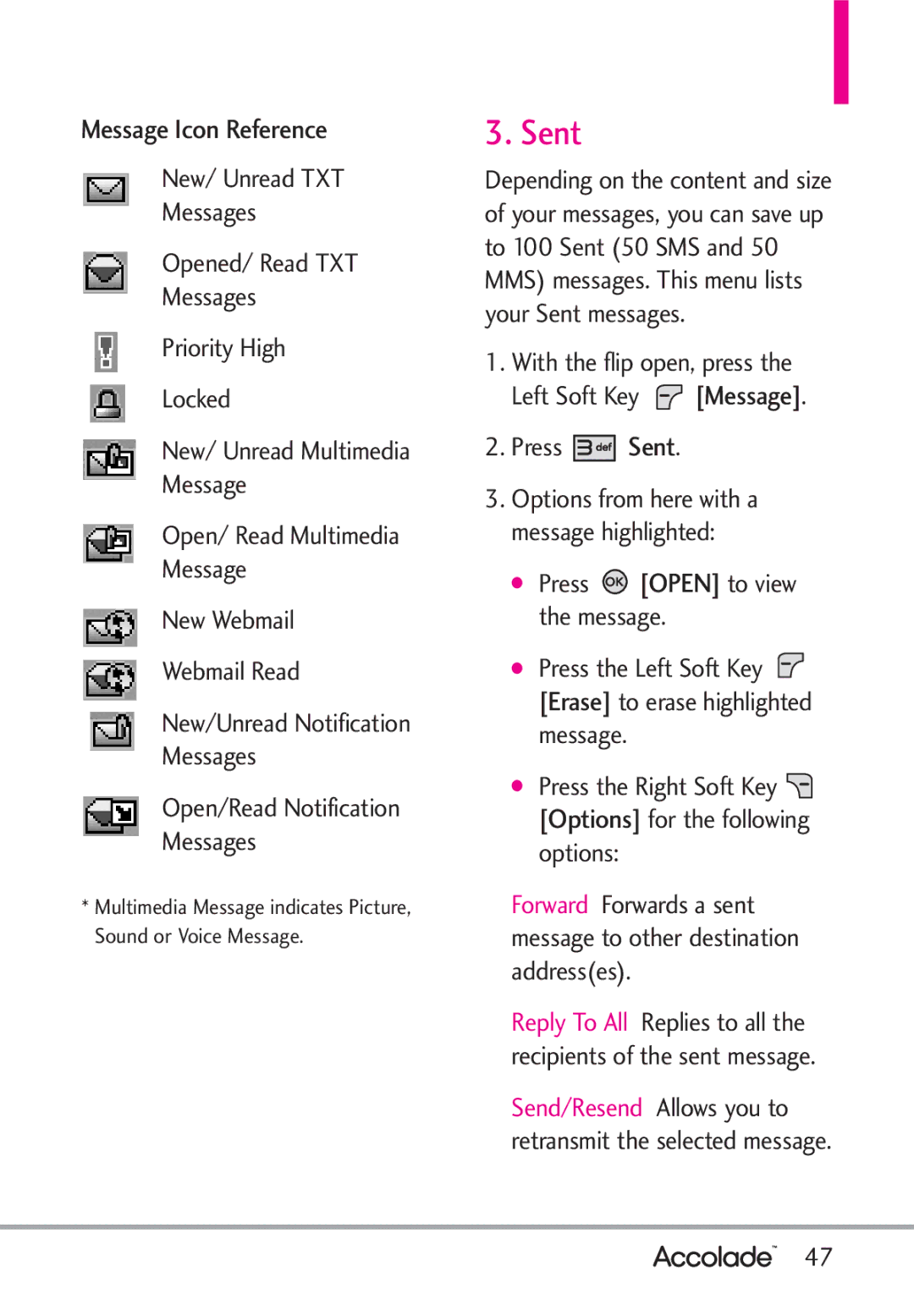 LG Electronics Accolade manual Message Icon Reference, With the flip open, press Left Soft Key Message Press Sent 