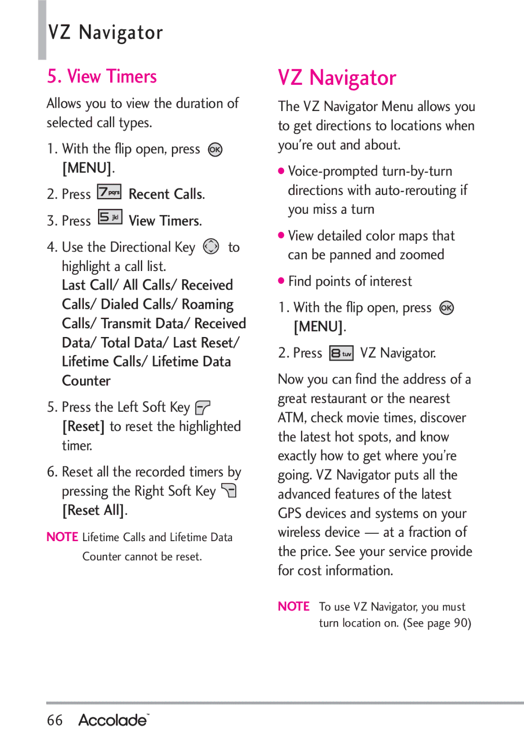 LG Electronics Accolade manual VZ Navigator, Press Recent Calls Press View Timers 