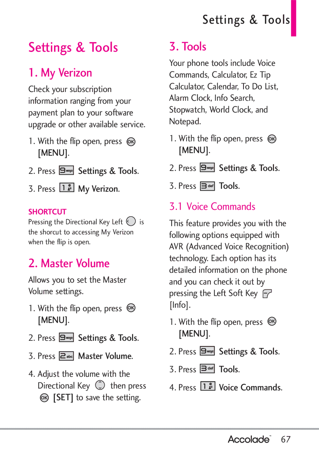 LG Electronics Accolade manual Settings & Tools, My Verizon, Master Volume 