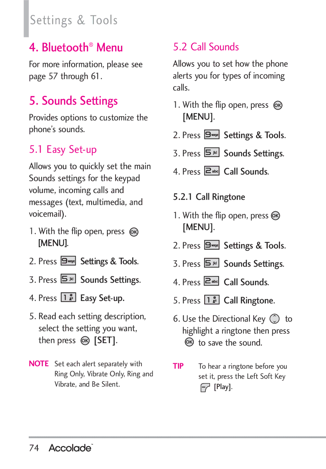 LG Electronics Accolade manual Bluetooth Menu, Call Sounds, Press Sounds Settings Press Easy Set-up 