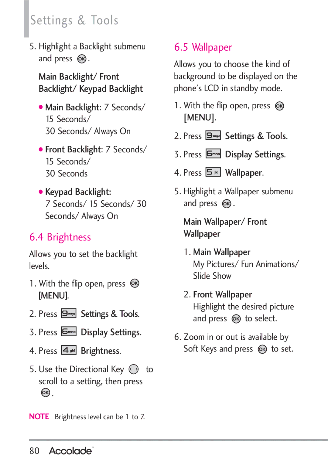 LG Electronics Accolade manual Brightness, Wallpaper 