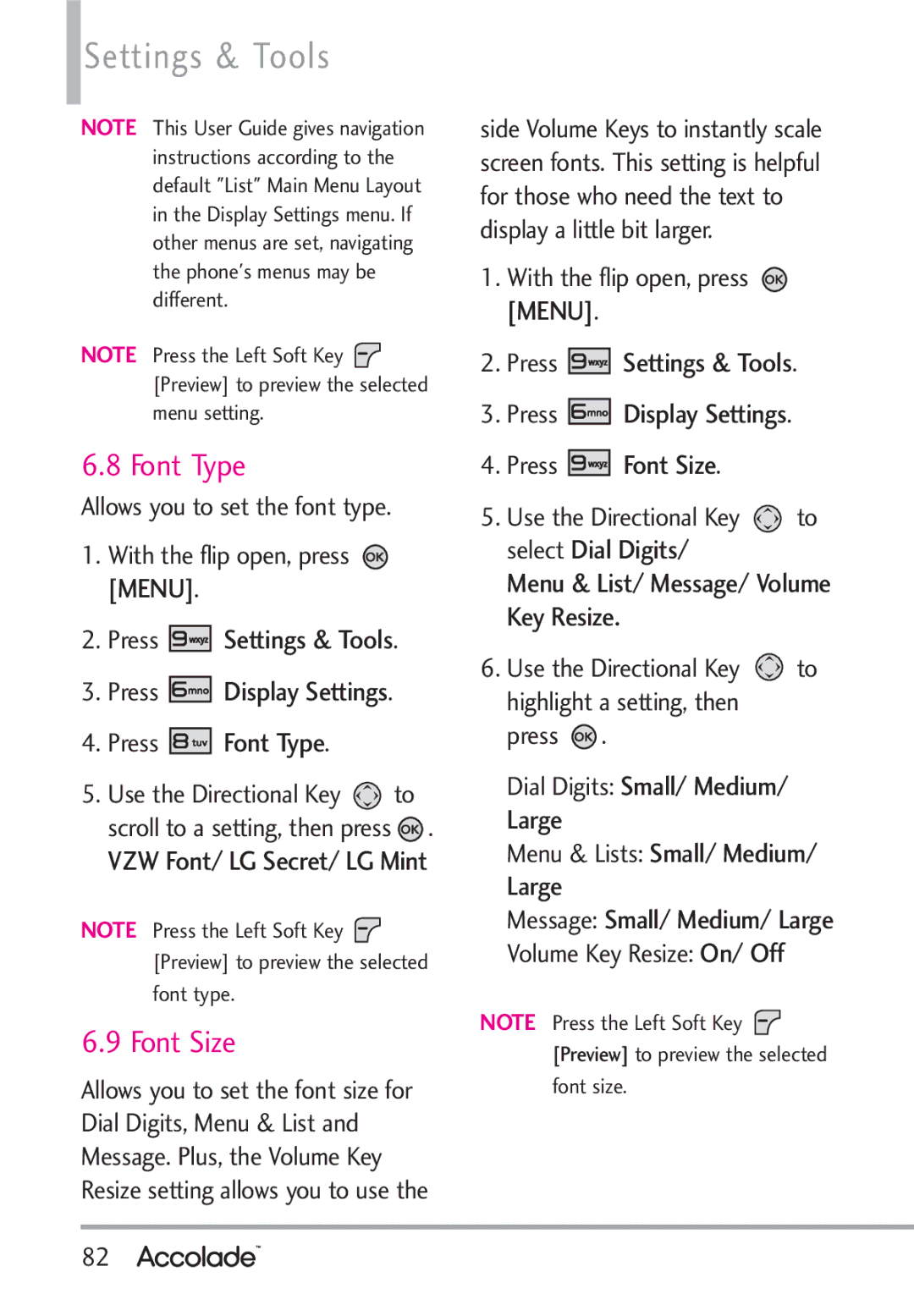 LG Electronics Accolade manual Font Size, Press Font Type, Menu & List/ Message/ Volume Key Resize 