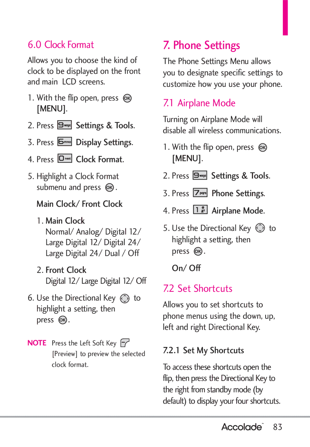 LG Electronics Accolade manual Phone Settings, Clock Format, Airplane Mode, Set Shortcuts 