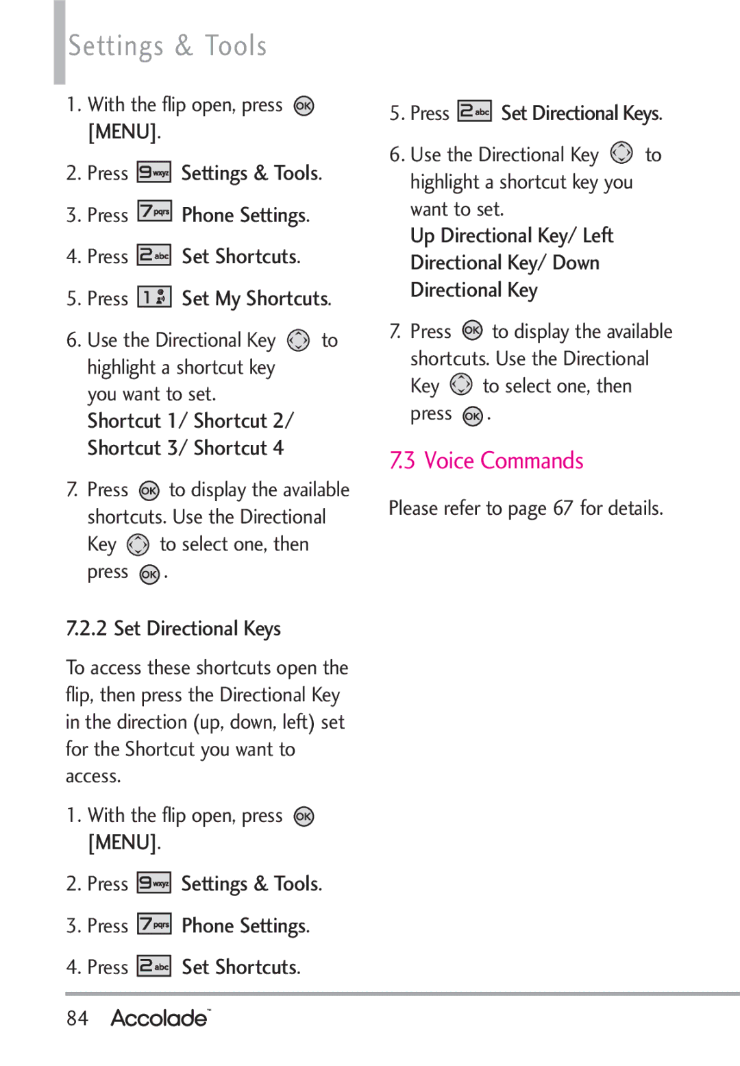 LG Electronics Accolade Set Directional Keys, Press Phone Settings Press Set Shortcuts, Key to select one, then press 