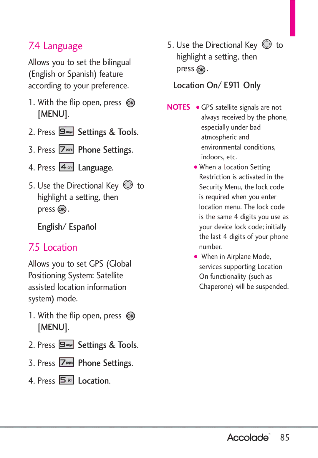 LG Electronics Accolade manual Language, Location 