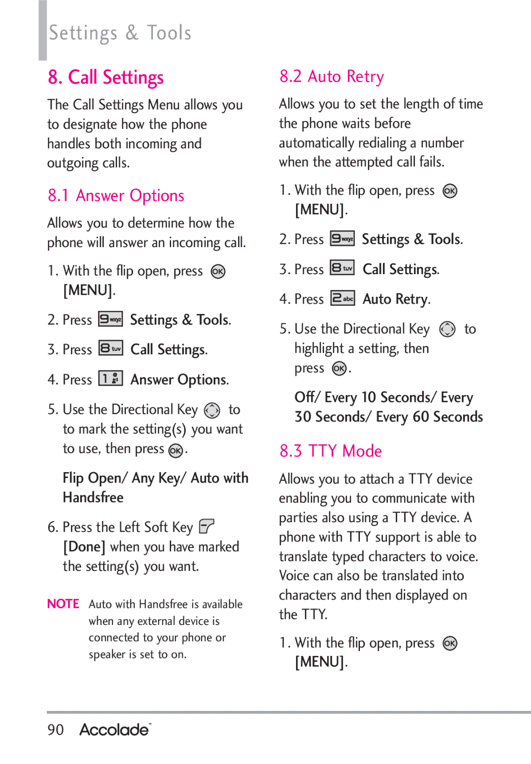 LG Electronics Accolade manual Call Settings, Answer Options, Auto Retry, TTY Mode 