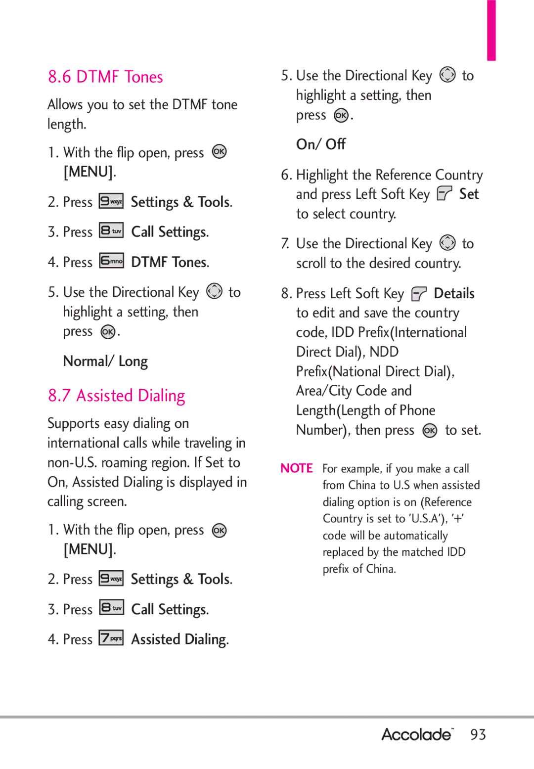 LG Electronics Accolade manual Assisted Dialing, Press Call Settings Press Dtmf Tones, Normal/ Long 