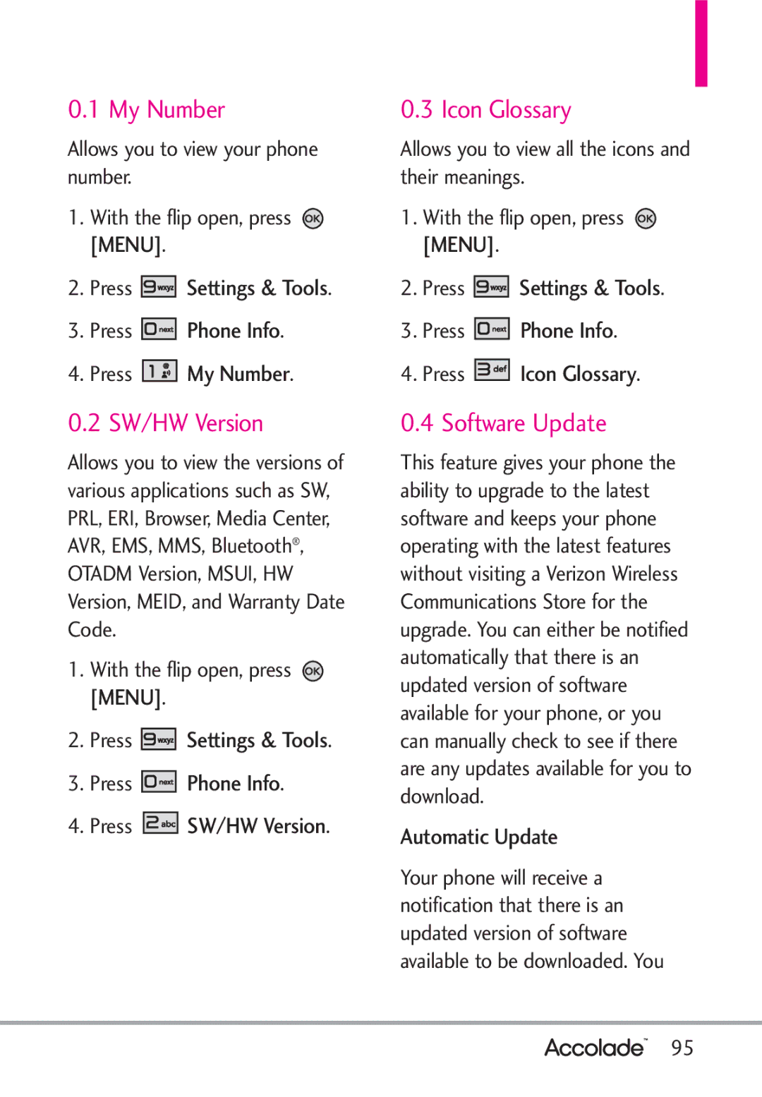 LG Electronics Accolade manual My Number, SW/HW Version, Icon Glossary, Software Update 