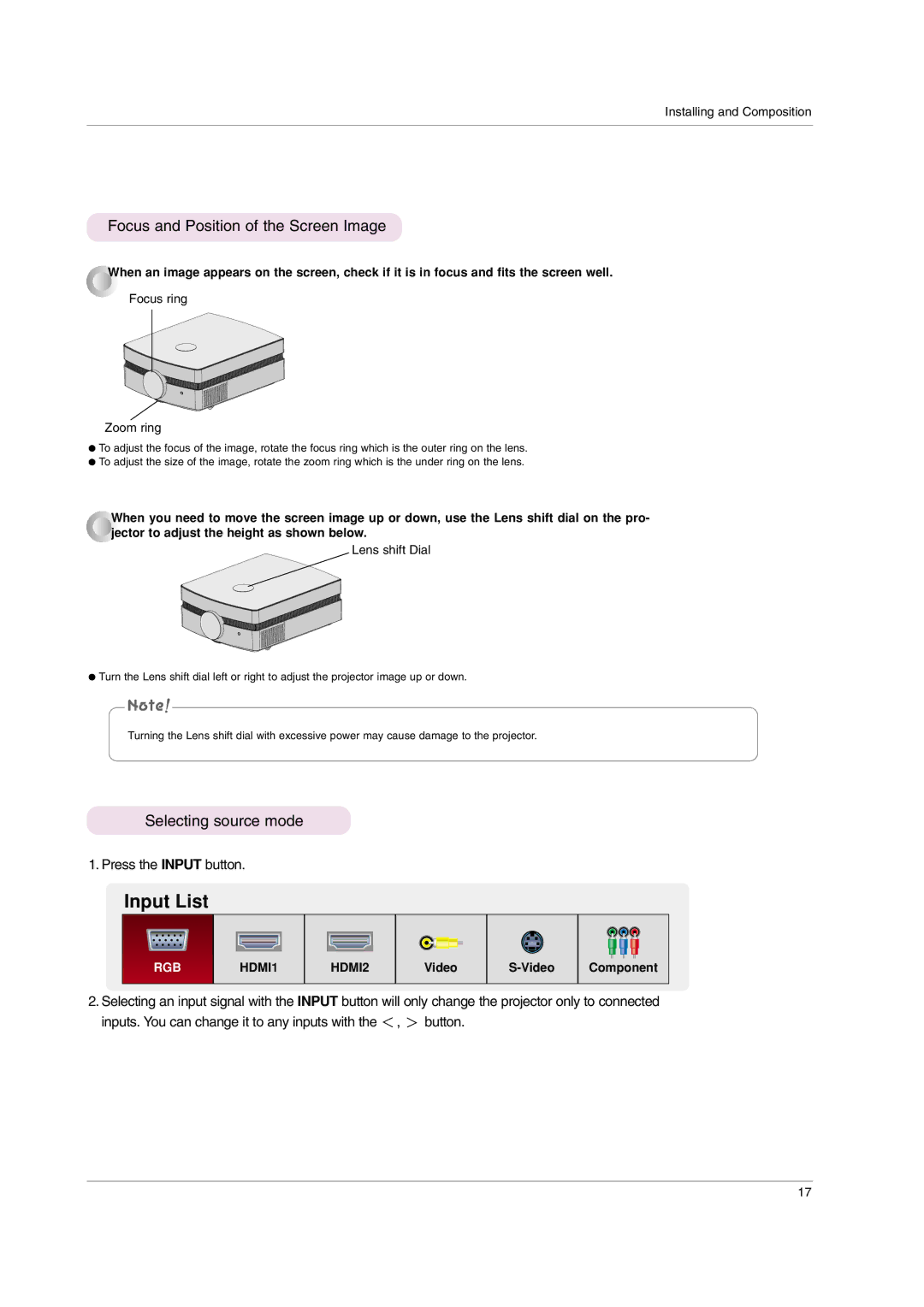 LG Electronics AF115 owner manual Focus and Position of the Screen Image, Selecting source mode 