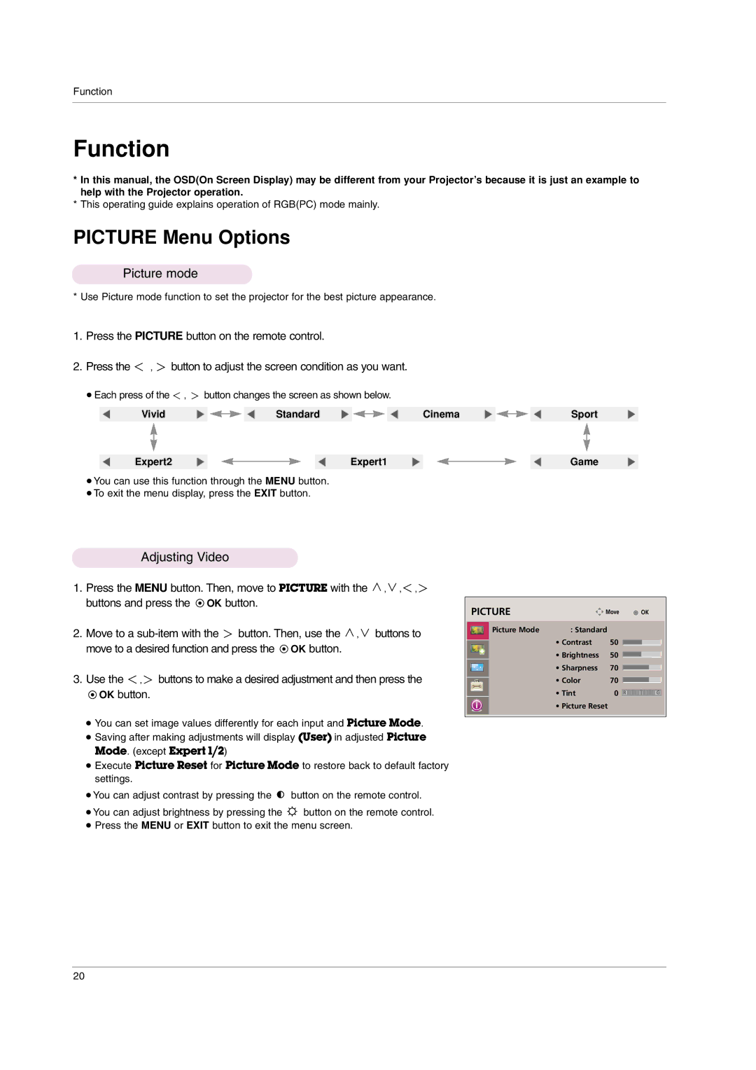 LG Electronics AF115 owner manual Function, Picture mode, Adjusting Video 