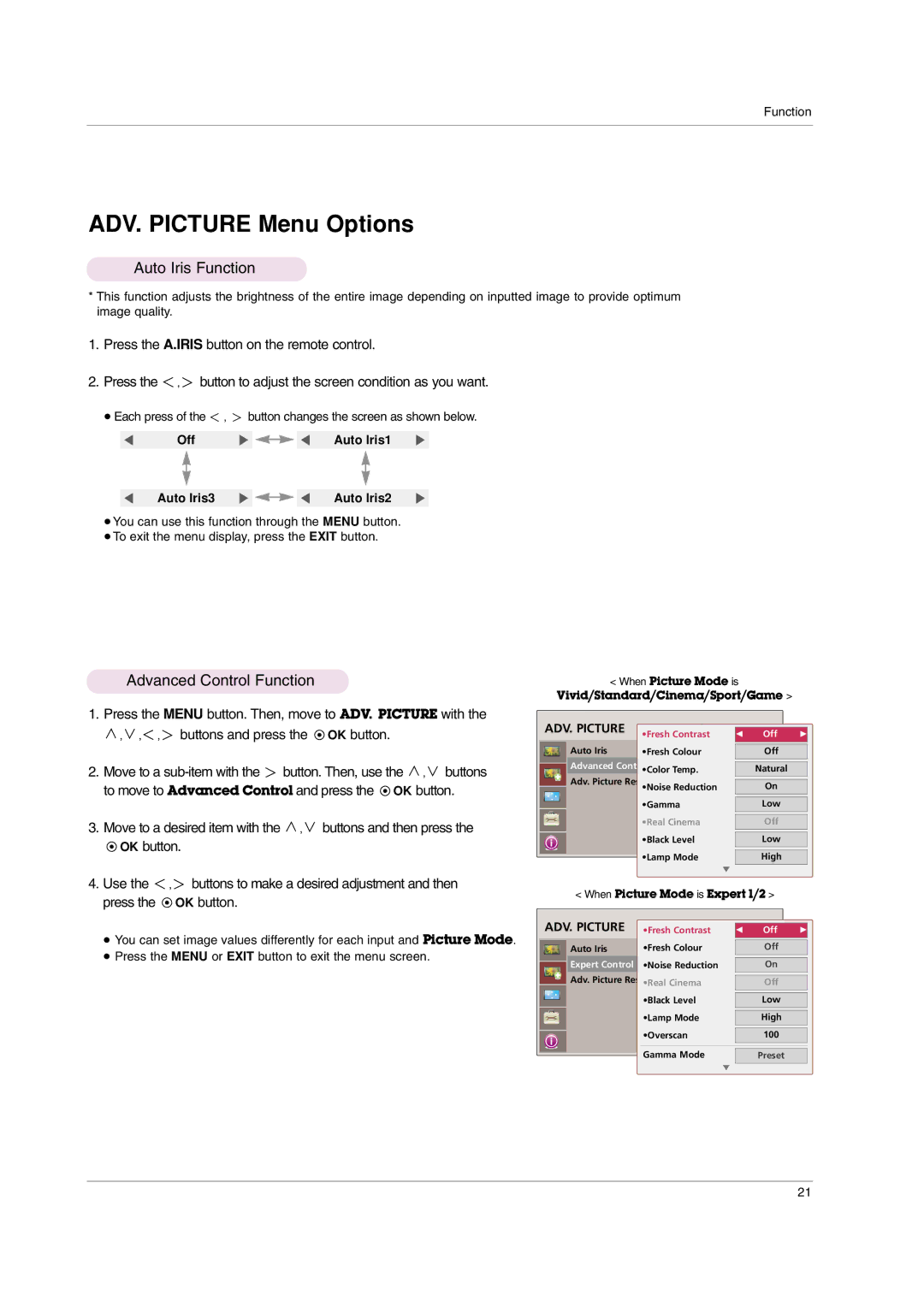 LG Electronics AF115 owner manual Auto Iris Function, Advanced Control Function 