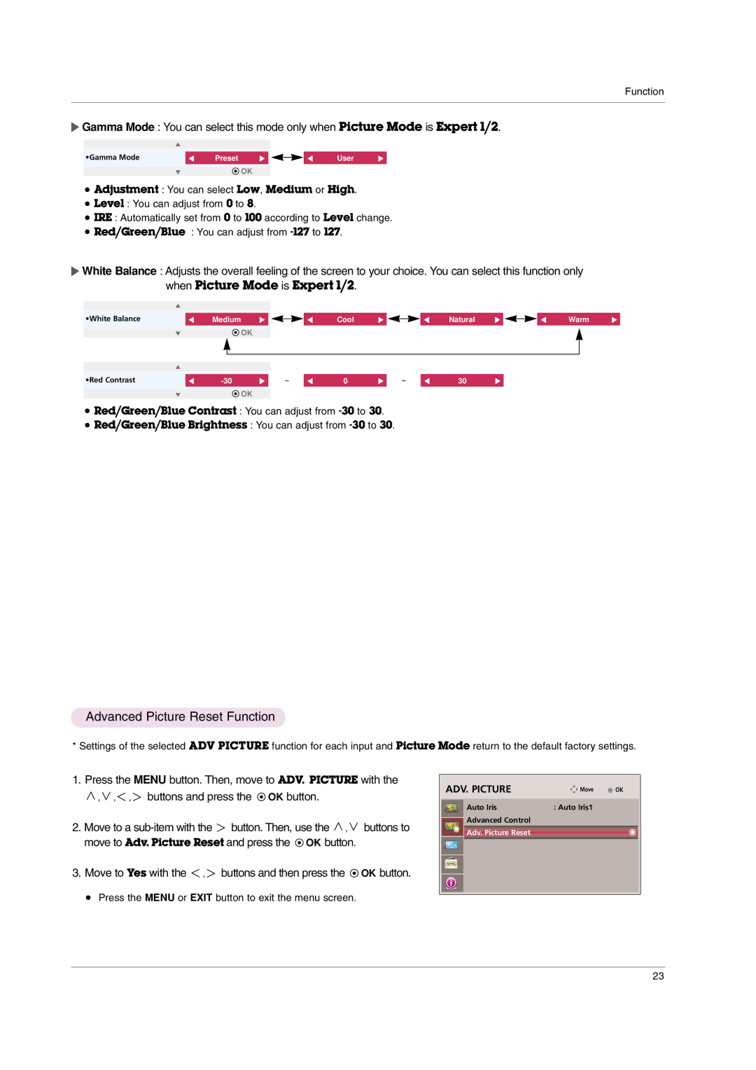 LG Electronics AF115 owner manual Advanced Picture Reset Function, Adjustment You can select Low, Medium or High 