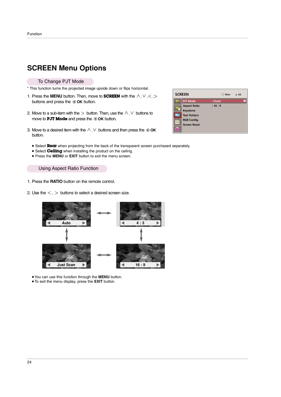 LG Electronics AF115 owner manual To Change PJT Mode, Using Aspect Ratio Function 