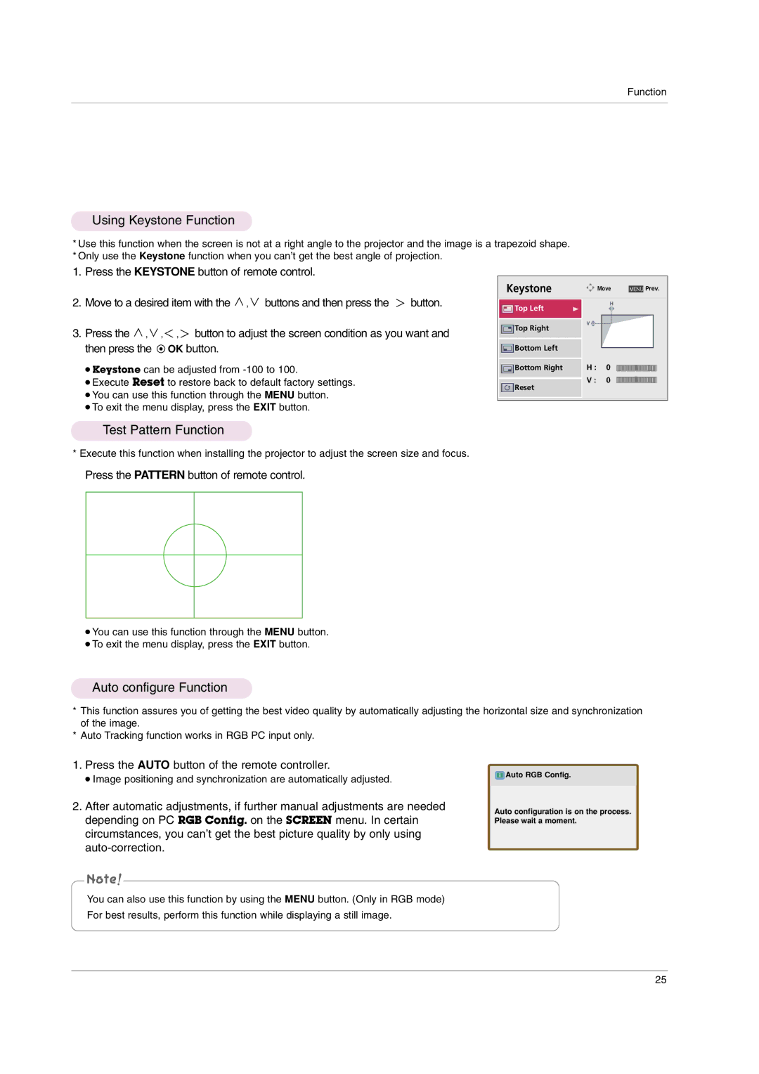 LG Electronics AF115 owner manual Using Keystone Function, Test Pattern Function, Auto configure Function 