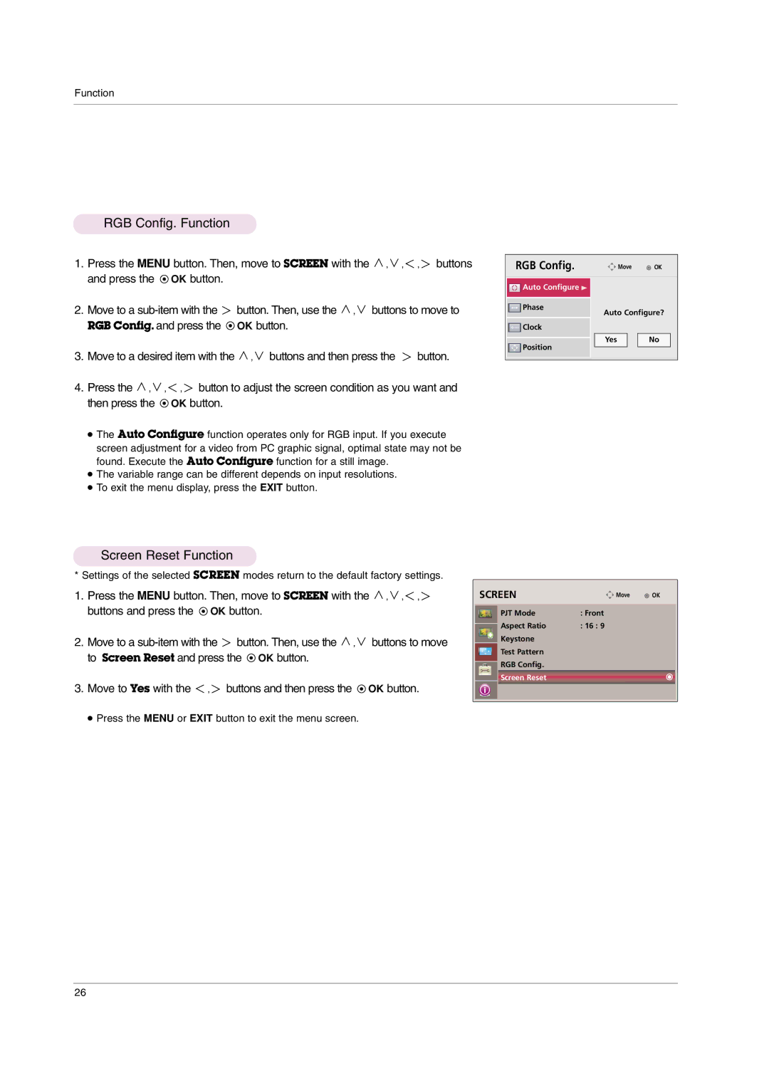 LG Electronics AF115 owner manual RGB Config. Function, Screen Reset Function 