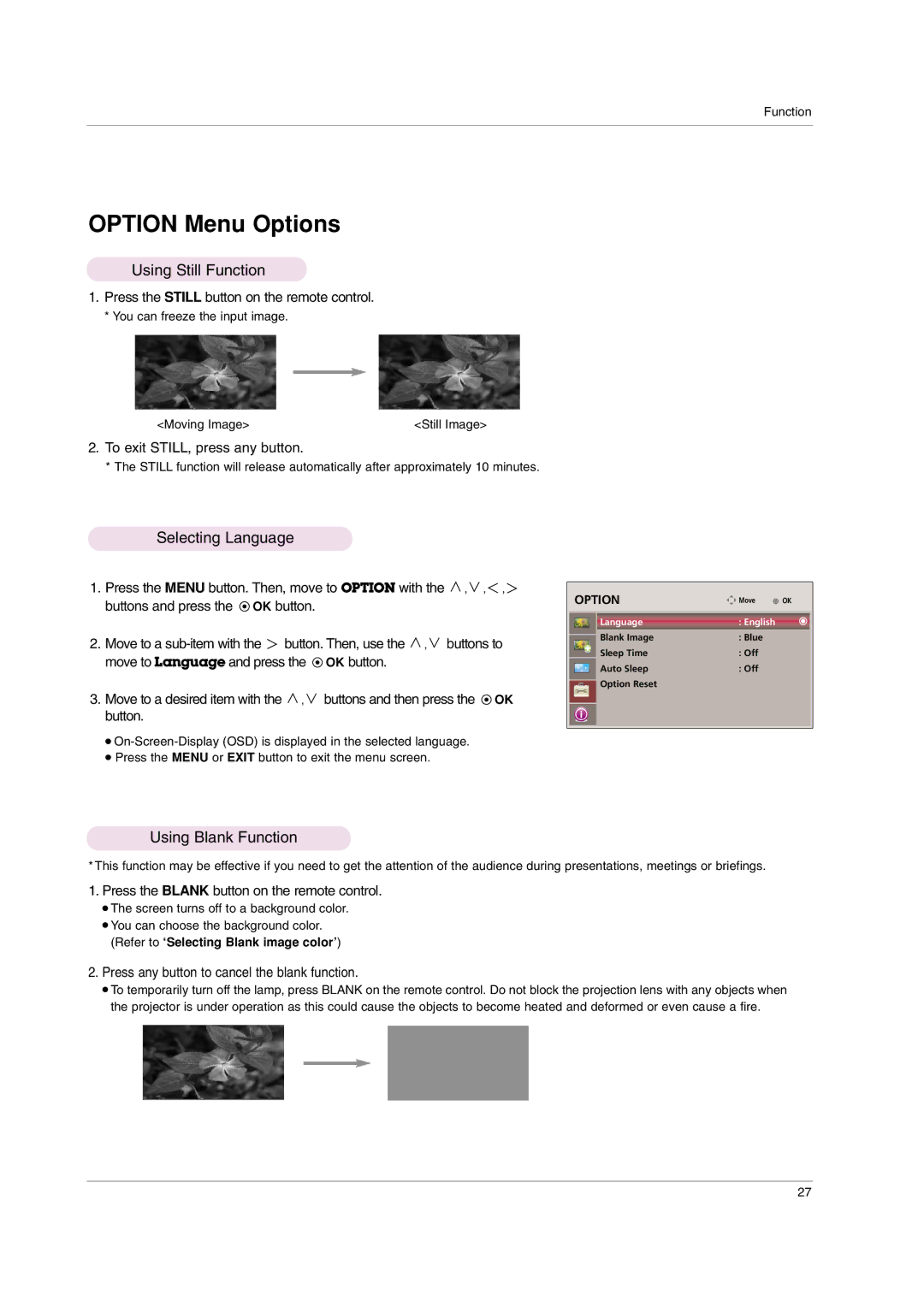 LG Electronics AF115 owner manual Using Still Function, Selecting Language, Using Blank Function 