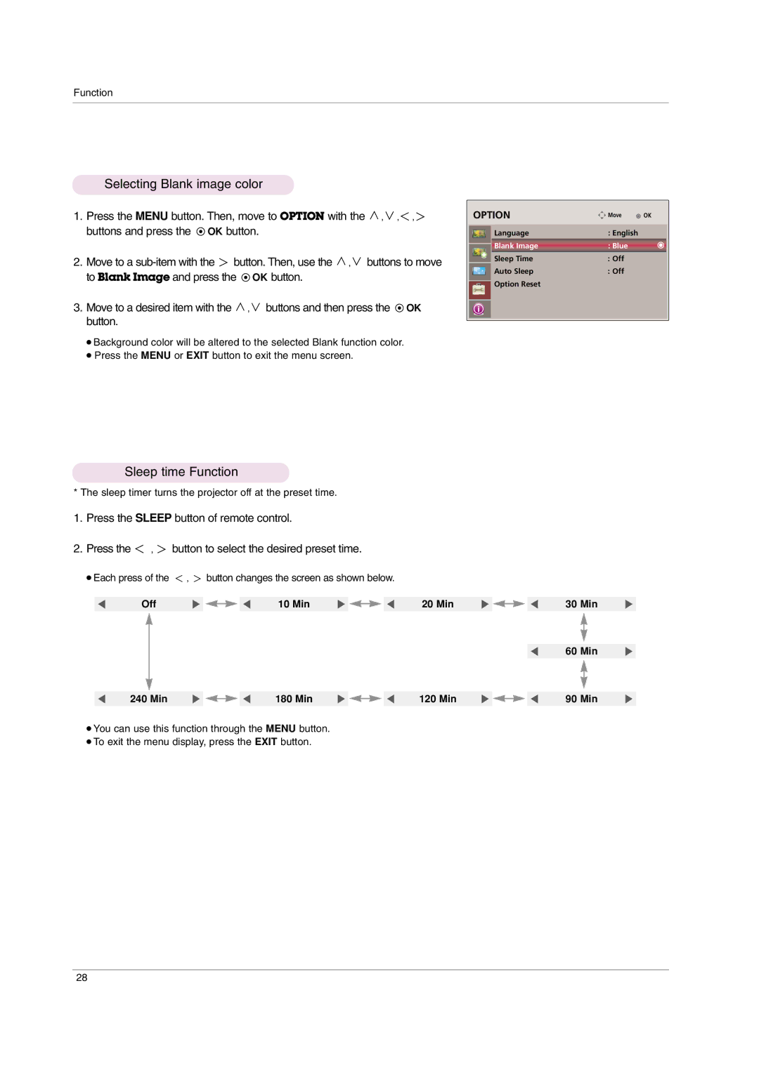 LG Electronics AF115 owner manual Selecting Blank image color, Sleep time Function 