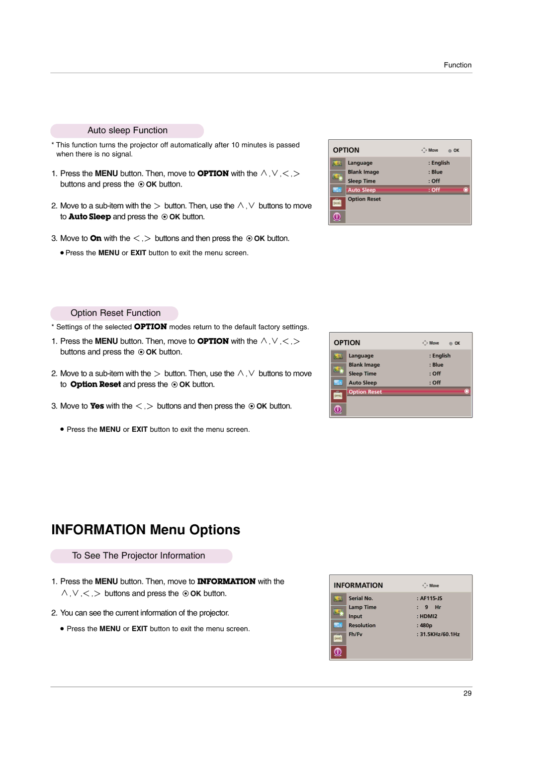 LG Electronics AF115 owner manual Auto sleep Function, Option Reset Function, To See The Projector Information 