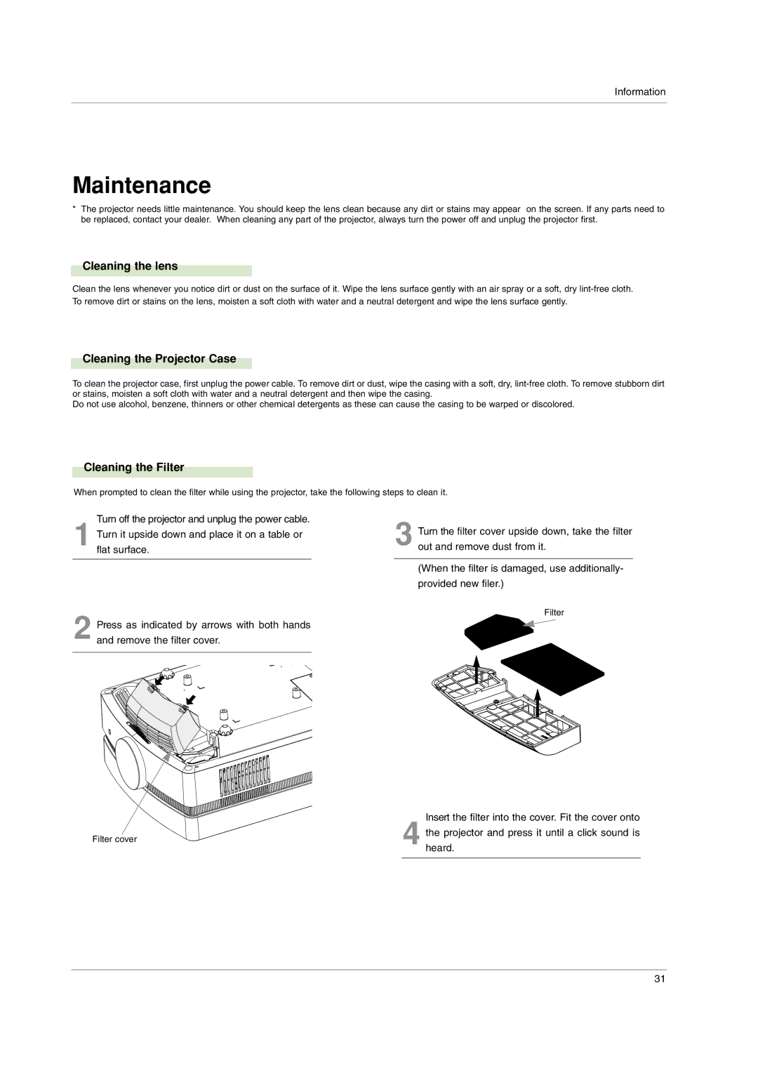 LG Electronics AF115 owner manual Maintenance, Cleaning the lens, Cleaning the Projector Case, Cleaning the Filter 