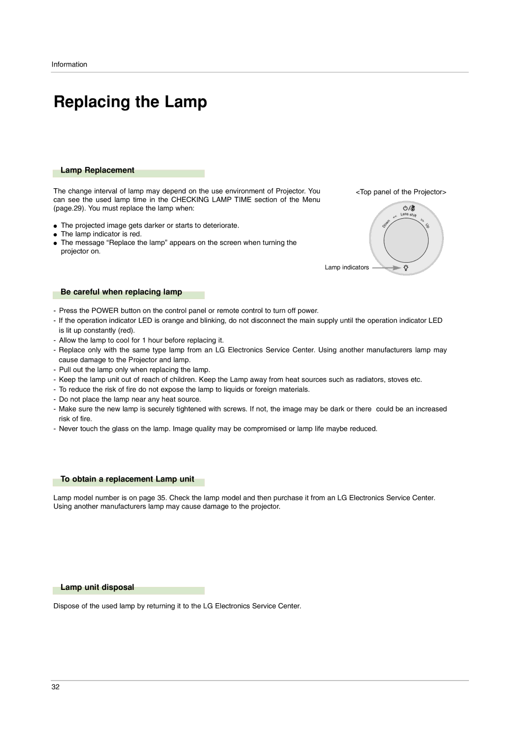 LG Electronics AF115 owner manual Replacing the Lamp, Lamp Replacement, Be careful when replacing lamp, Lamp unit disposal 