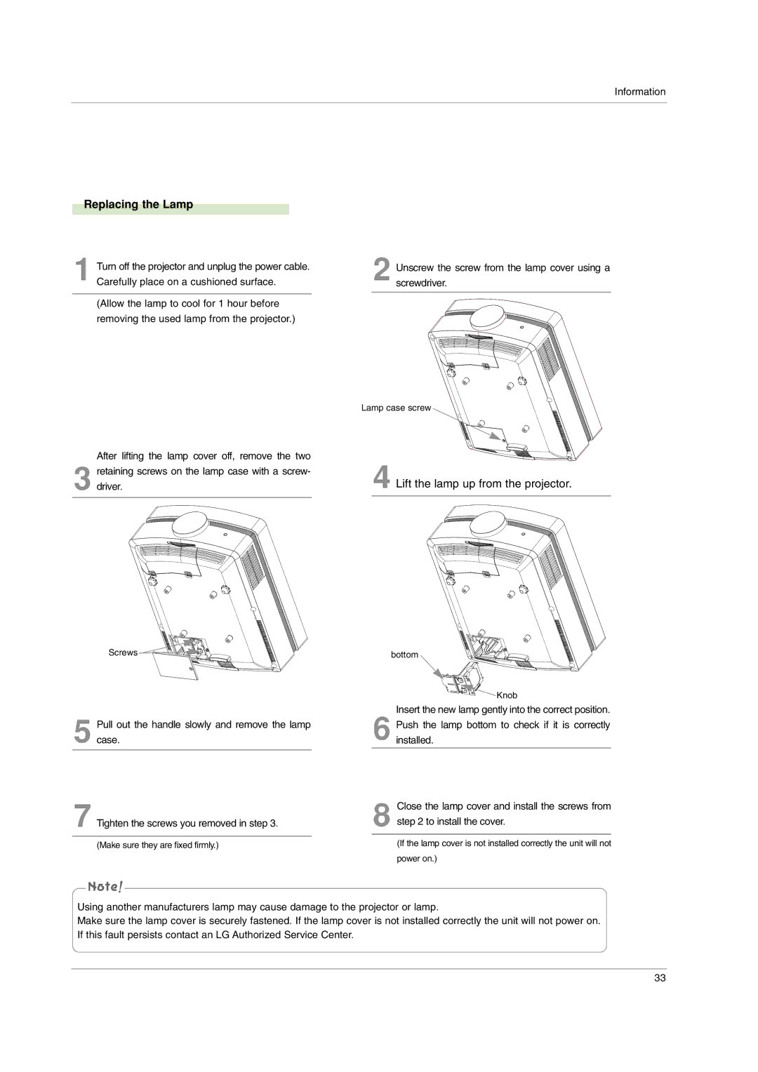 LG Electronics AF115 owner manual Replacing the Lamp, Lift the lamp up from the projector 