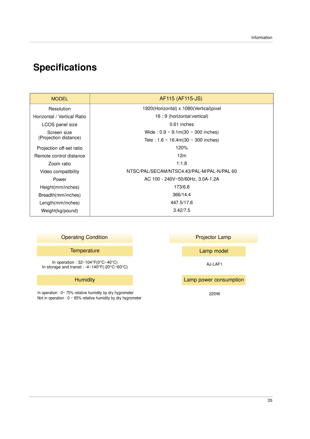 LG Electronics owner manual Specifications, AF115 AF115-JS, Operating Condition Temperature, Projector Lamp Lamp model 