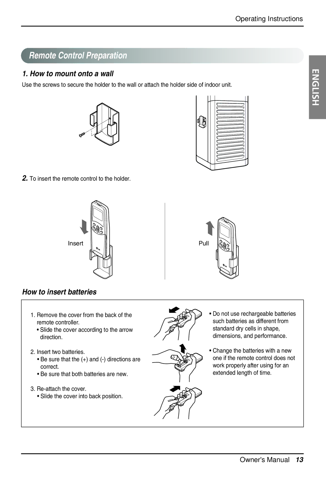 LG Electronics Air Conditioner owner manual Remote Control Preparation, How to mount onto a wall 