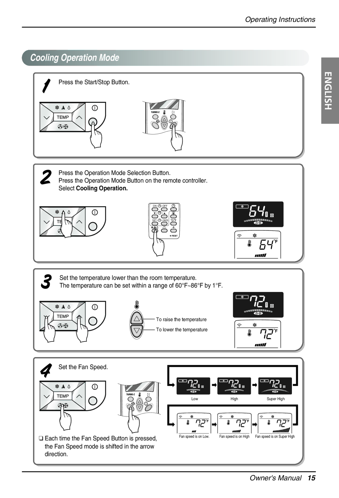 LG Electronics Air Conditioner owner manual Press the Start/Stop Button, Set the Fan Speed 