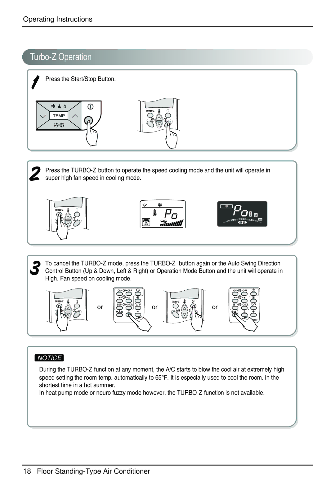 LG Electronics Air Conditioner owner manual Turbo-Z Operation, Or or 