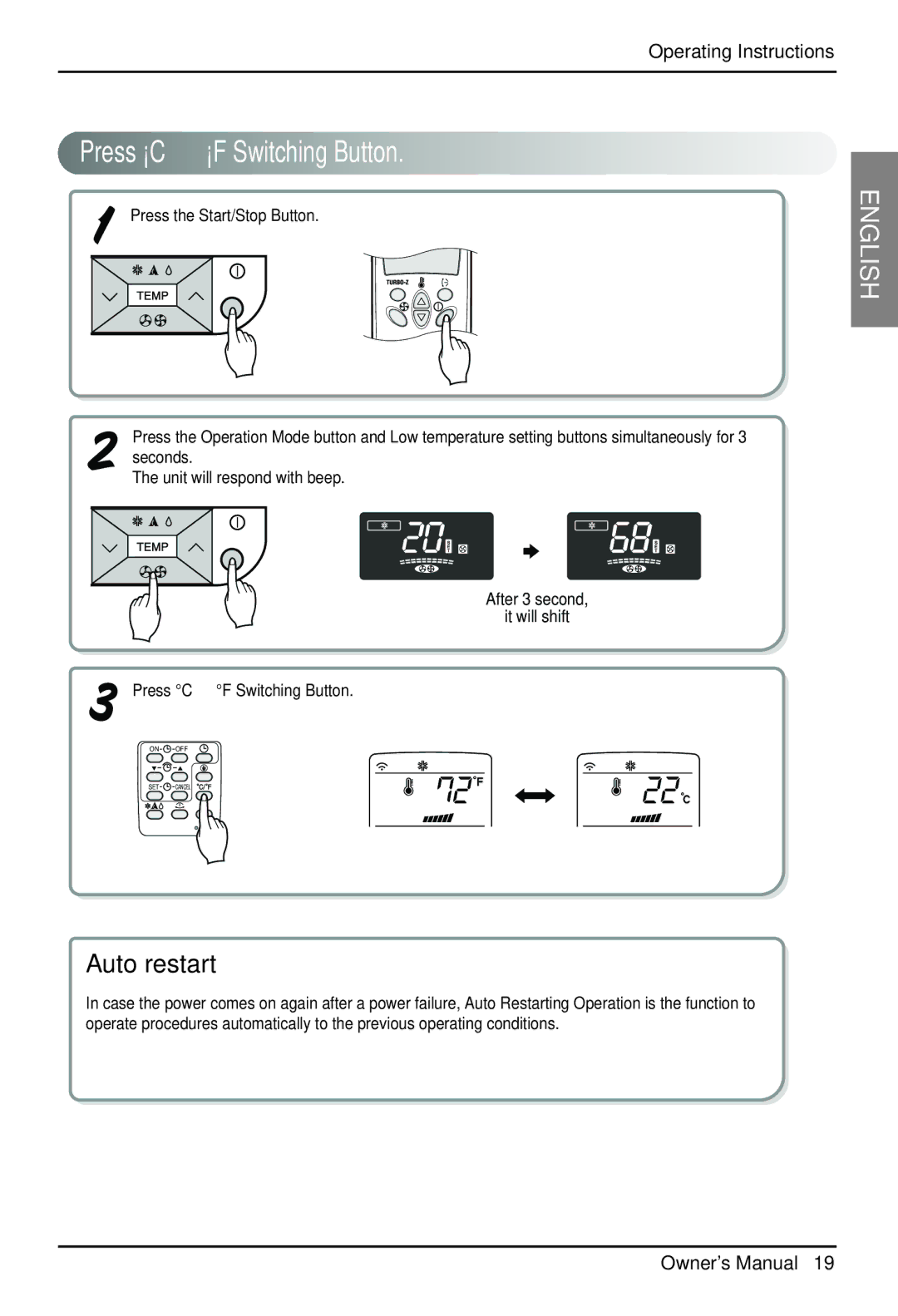 LG Electronics Air Conditioner owner manual Press C ↔ F Switching Button 