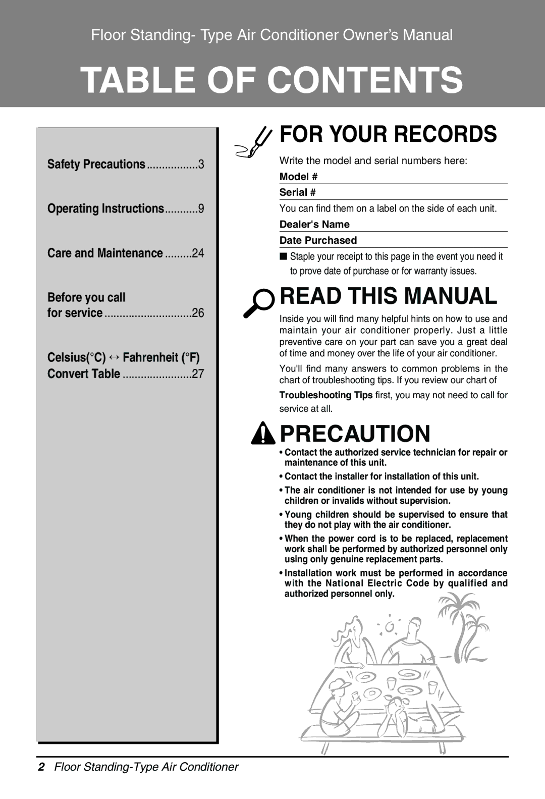 LG Electronics Air Conditioner owner manual Table of Contents 