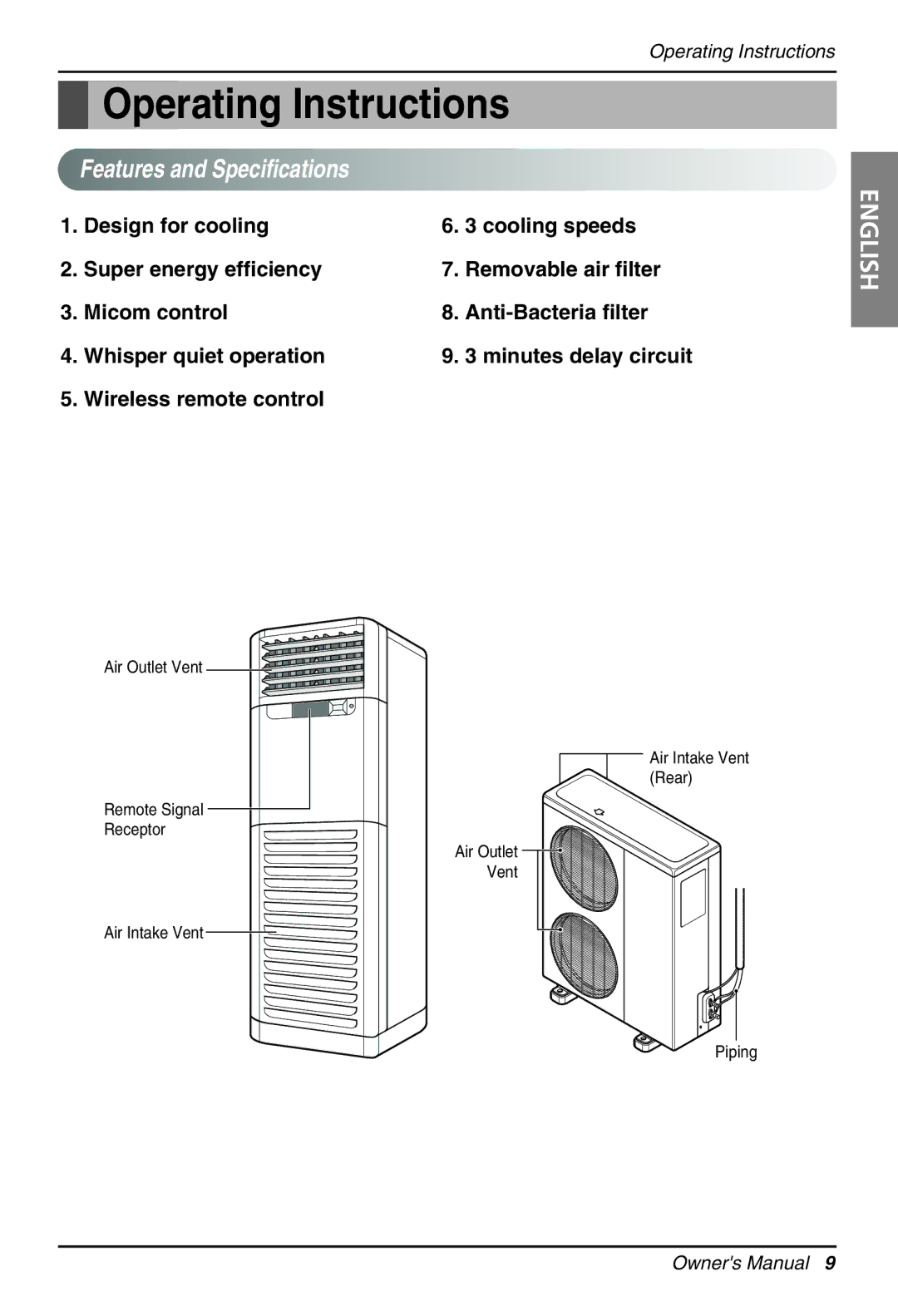 LG Electronics Air Conditioner owner manual Operating Instructions, Features and Specifications 