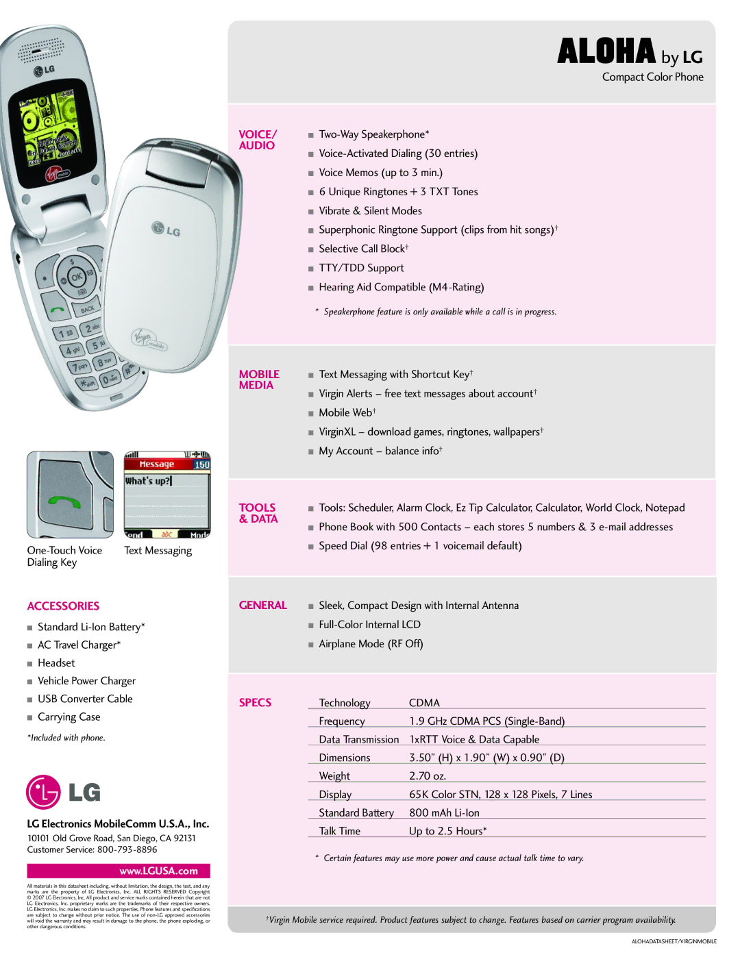 LG Electronics ALOHA manual Voice, Audio, Mobile, Media, Tools, Data, General, Specs 