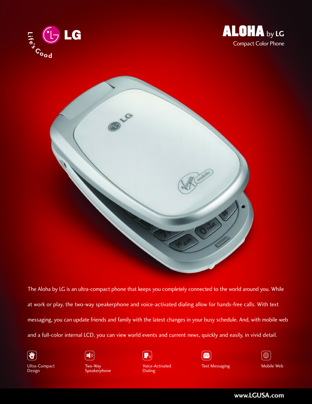 LG Electronics ALOHA manual Compact Color Phone, Ultra-Compact, Two-Way, Voice-Activated, Text Messaging, Design, Dialing 