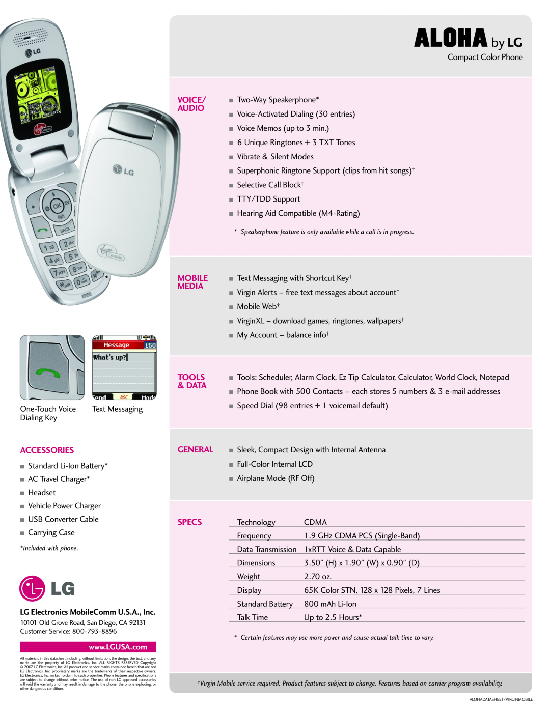 LG Electronics ALOHA manual Accessories, Voice, Audio, Mobile, Media, Tools, Data, General, Specs 