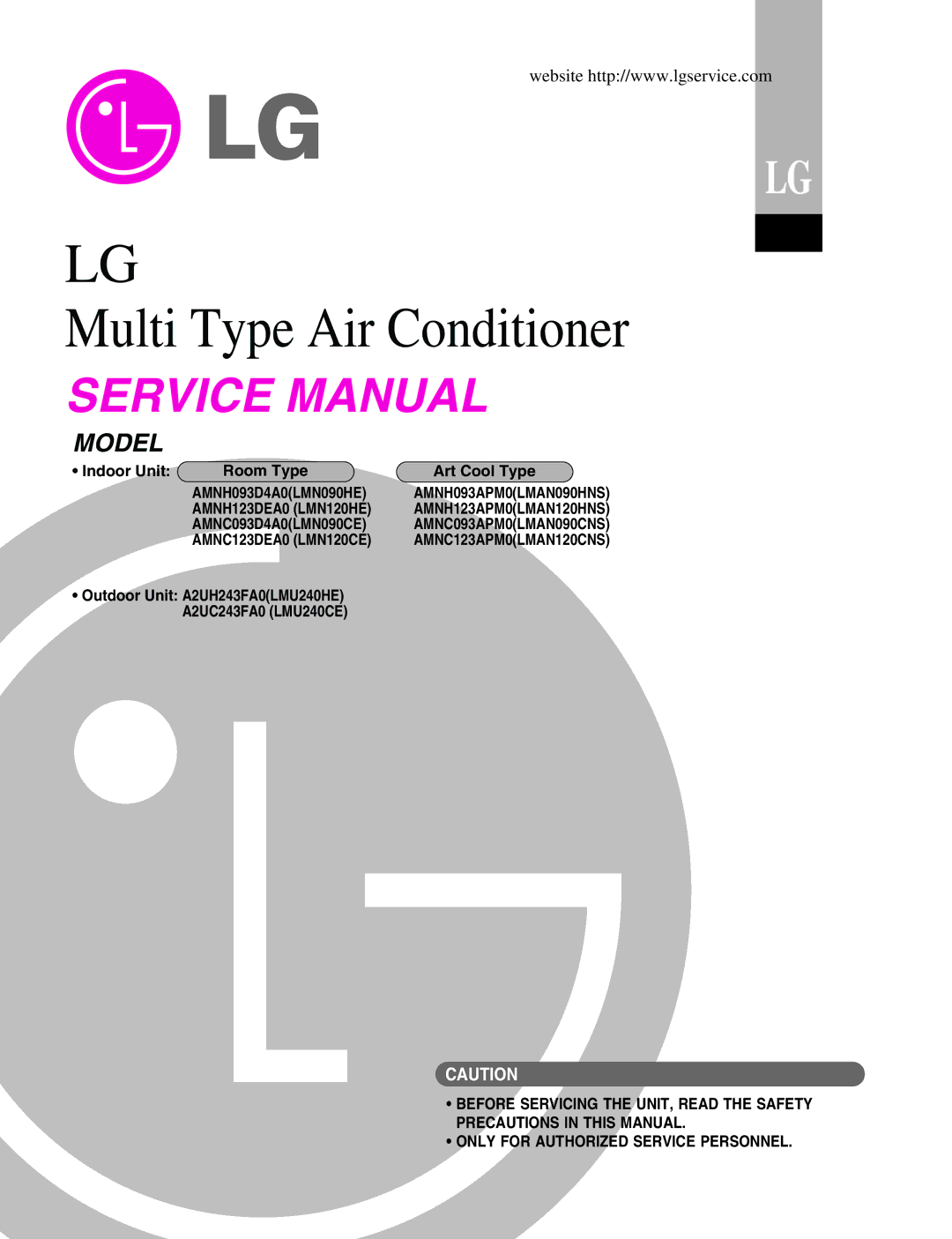 LG Electronics A2UC243FA0 (LMU240CE) service manual Multi Type Air Conditioner, Indoor Unit Room Type Art Cool Type 