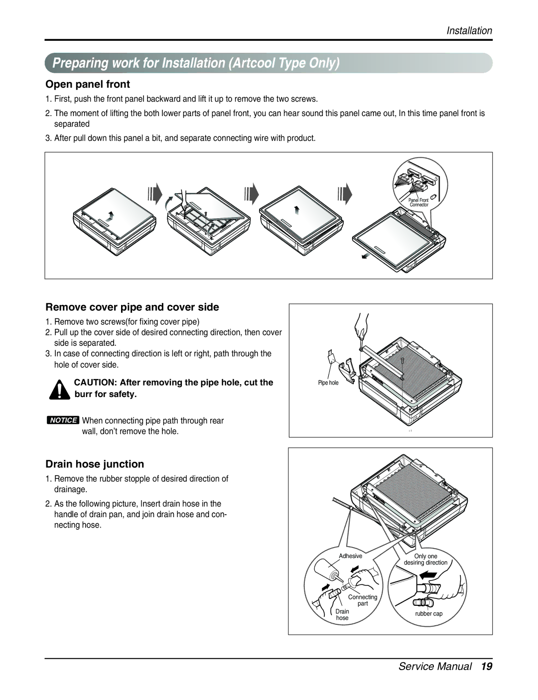 LG Electronics A2UH243FA0(LMU240HE) service manual Preparing work for Installation Artcool Type Only, Open panel front 