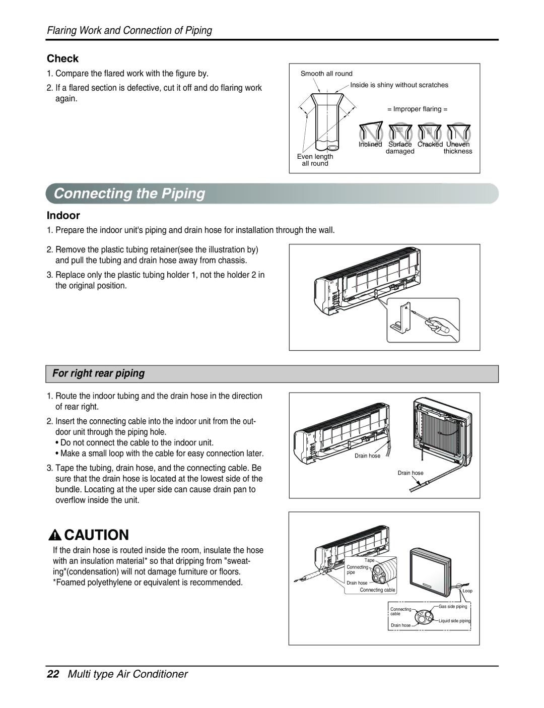 LG Electronics A2UC243FA0 (LMU240CE), AMNH123APM0(LMAN120HNS), AMNH123DEA0 (LMN120HE) Connecting the Piping, Check, Indoor 