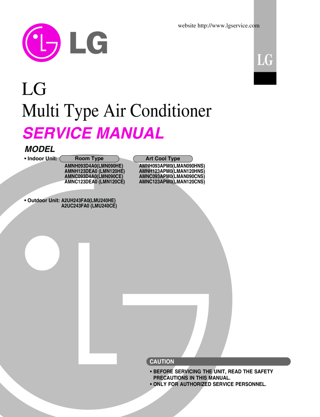 LG Electronics A2UC243FA0 (LMU240CE) service manual Multi Type Air Conditioner, Service Manual, Model, Indoor Unit 