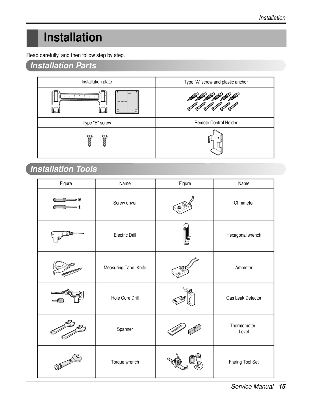 LG Electronics AMNC123APM0(LMAN120CNS), AMNH123DEA0(LMN120HE) service manual Installation Parts, Installation Tools 