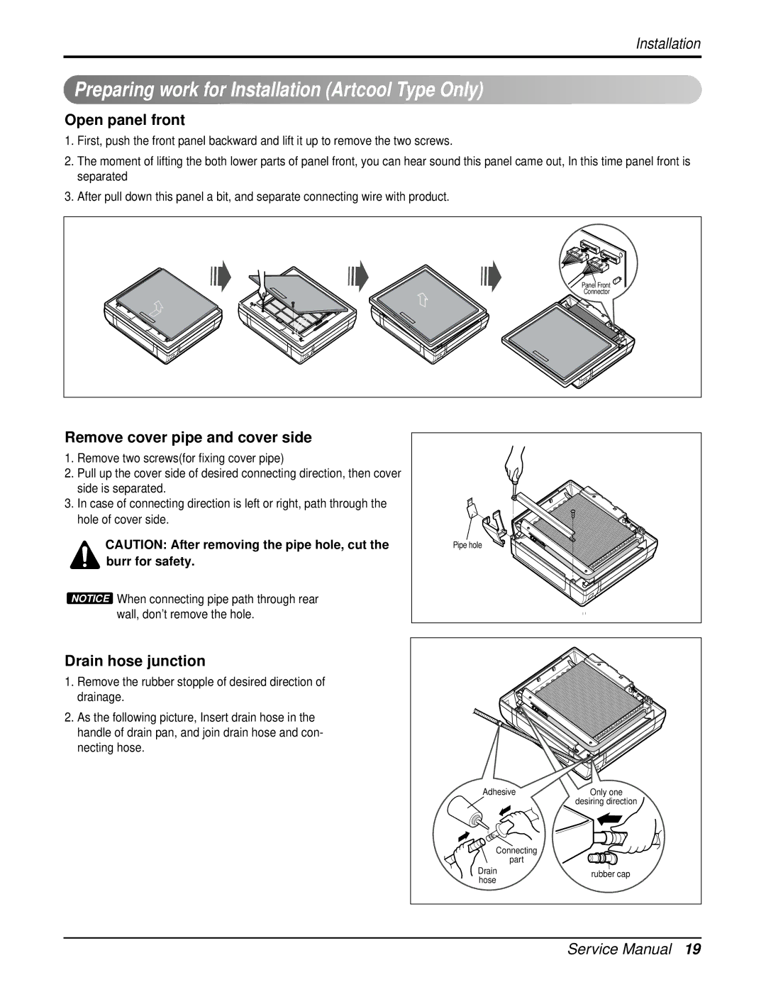 LG Electronics AMNC123DEA0(LMN120CE) service manual Preparing work for Installation Artcool Type Only, Open panel front 