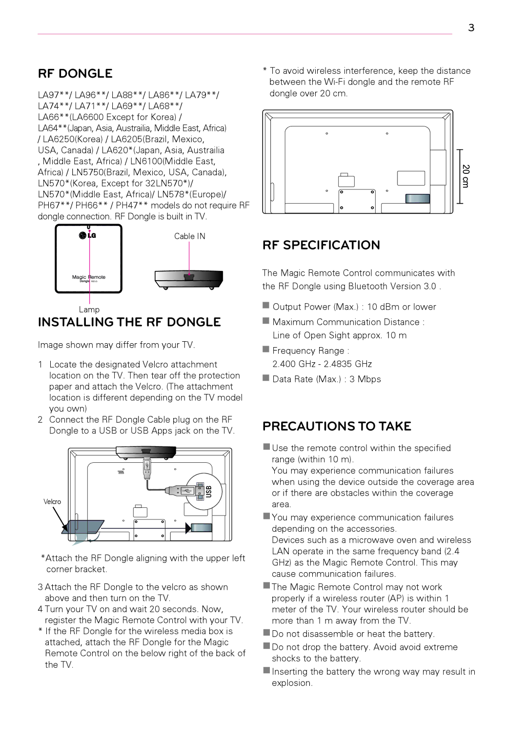 LG Electronics AN-MR400 owner manual Installing the RF Dongle, RF Specification, Precautions to Take 