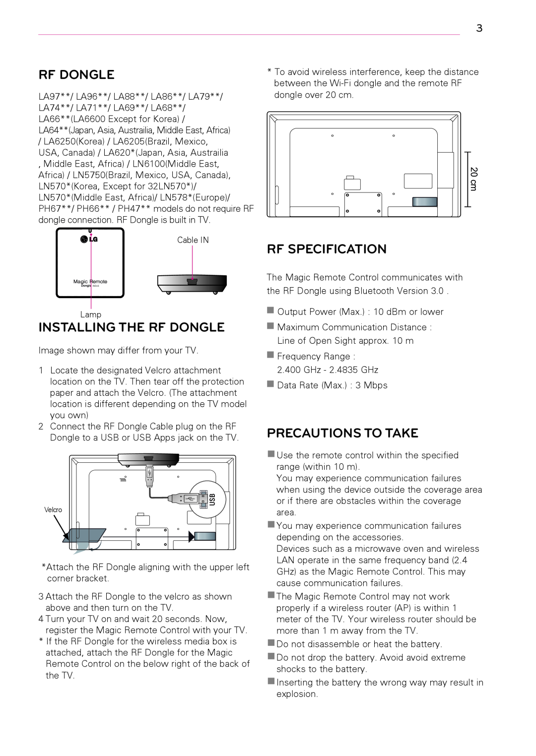 LG Electronics AN-MR400 owner manual Installing The Rf Dongle, Rf Specification, Precautions To Take 