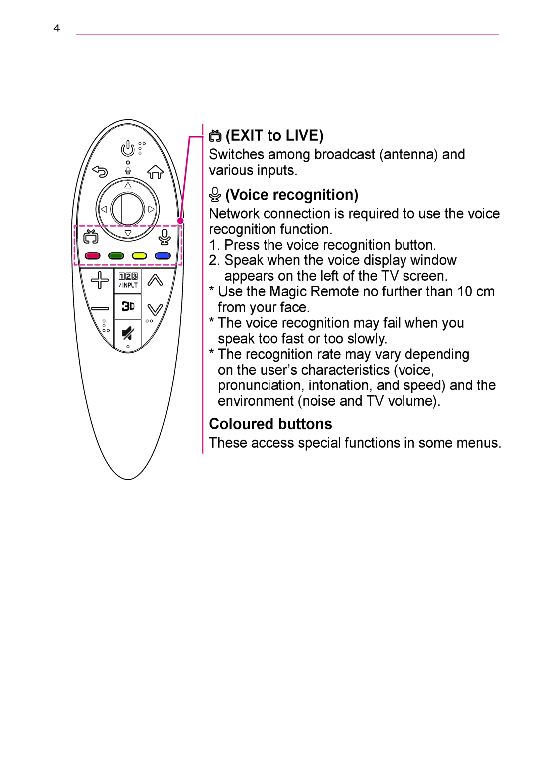 LG Electronics AN-MR500G owner manual Exit to Live, Voice recognition, Coloured buttons 