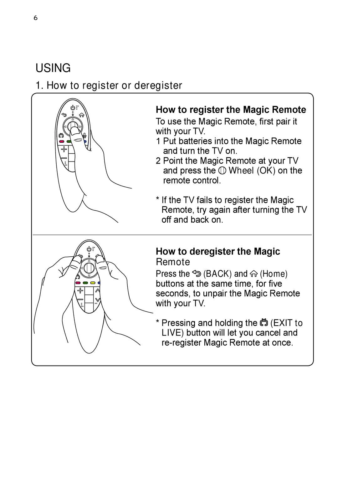 LG Electronics AN-MR500G owner manual Using, How to register or deregister, How to register the Magic Remote 