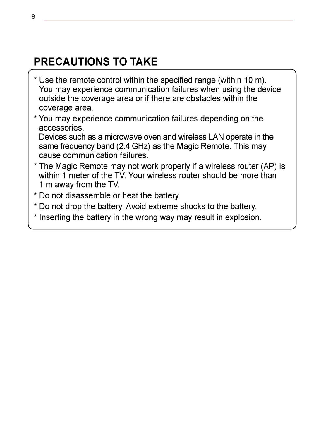 LG Electronics AN-MR500G owner manual Precautions to Take 